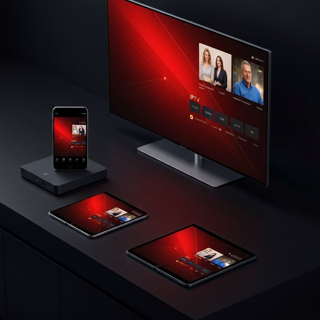 IPTV service streaming simultaneously on smart TV, laptop, tablet and smartphone